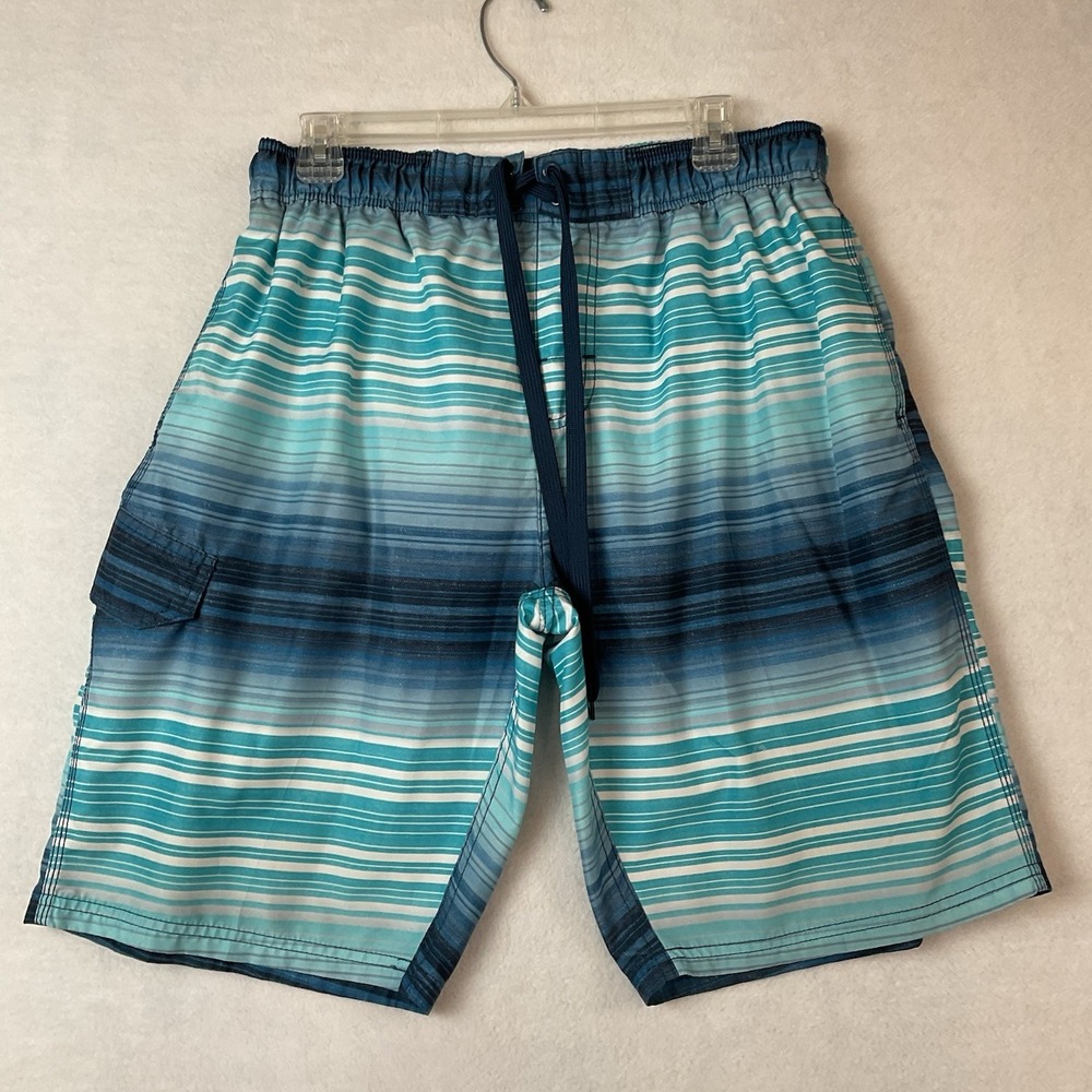 Kanu Surf Swim Trunks Mens L Blue White Stripes Mesh Lining Cargo Pockets Suit